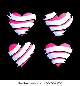 Emblems with pink hearts and white ribbons, hand-drawn hearts and ribbon banners with place for your text, EPS 10