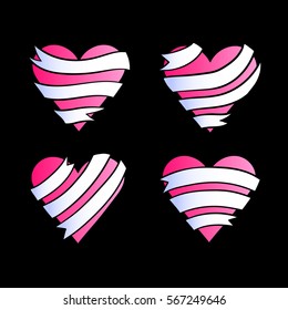 Emblems with pink hearts and white ribbons, hand-drawn hearts and ribbon banners, EPS 10
