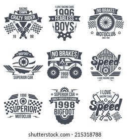 Emblems retro vintage race and super cars. Graphic design for t-shirt. Dark print on white background