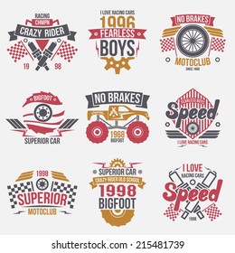 Emblems retro vintage race and super cars. Graphic design for t-shirt. Color print on white background