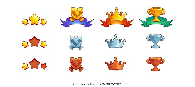 Emblemas y recompensas para tres niveles diferentes de realización de tareas de juego o para el diseño de gui de progreso de rango de nivel. Juego de vectores de dibujos animados de estrellas de bronce, plata y oro, espada, corona y copa de trofeo.