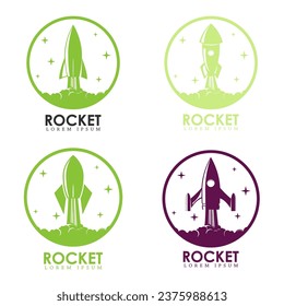 Embleme mit Raketenstart. Design-Elemente für Logo, Label, Emblem, Zeichen, Marke. Vektorgrafik.