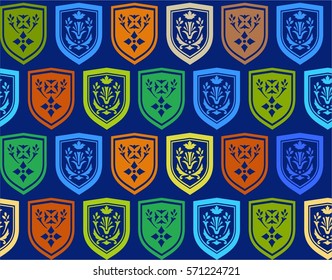 Emblems, seamless background, blue, color, vector. Vector background with orange, green and yellow coat of arms on a dark blue background. The coat of arms depicts twigs and flowers. Natural pattern. 