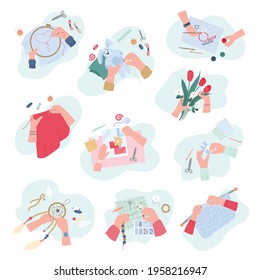 Emblems set for creative handicraft workshop or courses, flat vector illustration isolated on white background. Pictograms of various hobbies and creative activities.