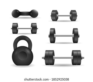 Emblems of steel barbells for bodybuilding and fitness. Metal 3d black dumbell isolated on white background. Vector vintage set icons of barbells, dumbbell. Vector illustration, eps 10.