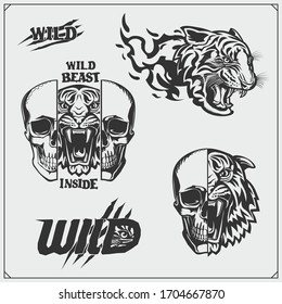 The emblems with tiger and skull for a sport team. Wild beast inside. Print design for t-shirt.	