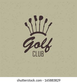 Emblems for with two crossed golf clubs, ball. Retro label design. Postcard.