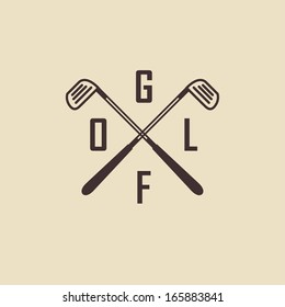 Emblems for with two crossed golf clubs, ball. Retro label design. Postcard.