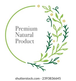 An emblem-shaped logo design featuring hand-drawn leaves and images of nature.