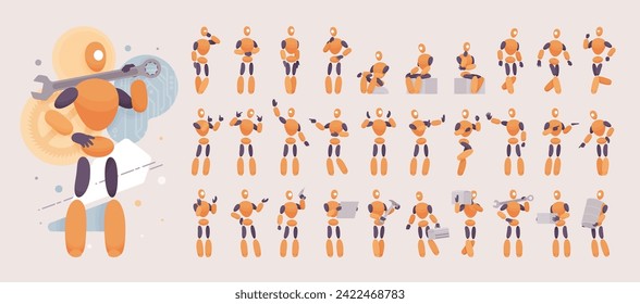 Embodied AI abstract male robotic figure, computer repair technician character set. Artificial intelligence bundle, virtual assistant body, digital appearance kit, minimalistic vector illustration