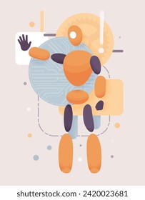 Embodied AI blocking, fixing hardware and software service computer helper, male abstract figure, virtual assistant, artificial intelligence body, minimalistic vector illustration circuit board design