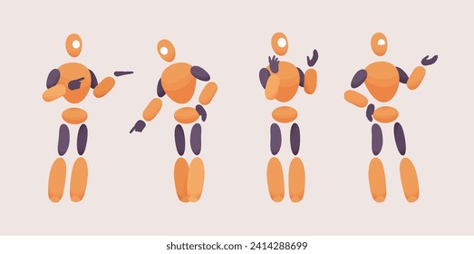 Embodied AI, computer repair technician talking, abstract male figure representing mechanical, electrical, software fixing program, virtual assistant in digital body, minimalistic vector illustration