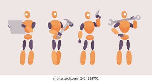 Embodied AI, computer repair technician with tools, abstract male figure representing mechanical, electrical, software fixing program, virtual assistant digital body, minimalistic vector illustration