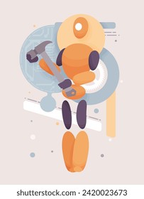 Embodied AI hammer tool, fixing hardware, software service computer helper, male abstract figure, virtual assistant, artificial intelligence body, minimalistic vector illustration circuit board design