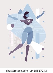 Embodied AI happy enjoying, chatbot abstract female figure, computer data, electronic components virtual assistant, artificial intelligence body, minimalistic vector illustration, circuit board design