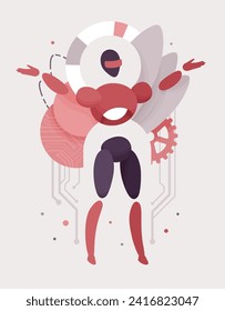 Embodied AI happy pose, computer repair technician male abstract figure electronic components virtual assistant, artificial intelligence body, minimalistic vector illustration circuit board design