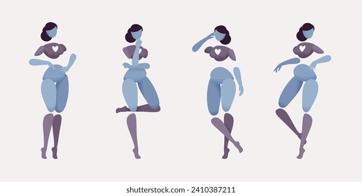 Embodied AI leaning, abstract female figure representing smart speaker chatbot, artificial intelligence visible form, virtual assistant human body digital appearance, minimalistic vector illustration