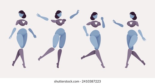 Embodied AI moving, abstract female figure representing smart speaker chatbot, artificial intelligence visible form, virtual assistant human body digital appearance, minimalistic vector illustration