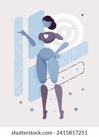 Embodied AI pointing pose, chatbot abstract female figure, computer data, electronic components virtual assistant, artificial intelligence body, minimalistic vector illustration, circuit board design