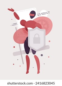 Embodied AI shield holding, computer repair technician male abstract figure electronic components virtual assistant, artificial intelligence body, minimalistic vector illustration circuit board design