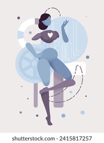 Embodied AI speaking pose, chatbot abstract female figure, computer data, electronic components virtual assistant, artificial intelligence body, minimalistic vector illustration, circuit board design