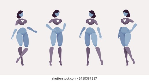Embodied AI standing, abstract female figure representing smart speaker chatbot, artificial intelligence visible form, virtual assistant human body digital appearance, minimalistic vector illustration