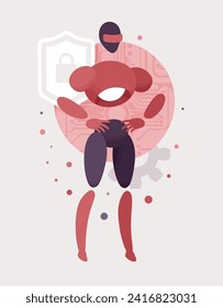 Embodied AI standing, computer repair technician male abstract figure, electronic components virtual assistant, artificial intelligence body, minimalistic vector illustration, circuit board design