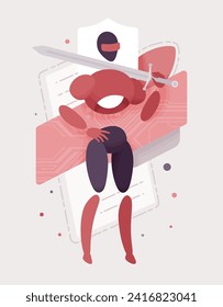 Embodied AI sword holding, computer repair technician male abstract figure electronic components virtual assistant, artificial intelligence body, minimalistic vector illustration, circuit board design