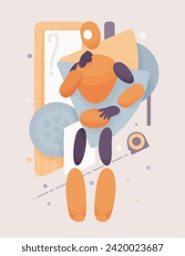 Embodied AI thinking, fixing hardware and software service computer helper, male abstract figure, virtual assistant, artificial intelligence body, minimalistic vector illustration circuit board design