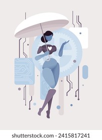 Embodied AI under umbrella, chatbot abstract female figure, computer data, electronic components virtual assistant, artificial intelligence body, minimalistic vector illustration, circuit board design