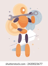 Embodied AI wrench tool, fixing hardware, software service computer helper abstract male figure, virtual assistant artificial intelligence body, minimalistic vector illustration, circuit board design