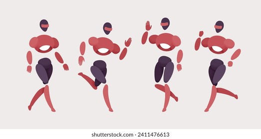Embodied computer guard in dynamic pose, AI abstract male figure representing security program, artificial intelligence, virtual assistant in body, digital appearance, minimalistic vector illustration