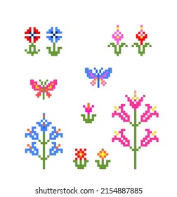 Emboidery design with red abstract poppies, cornflower, bluebell, tulip and butterfly. Folk pattern elements isolated on white background