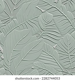 Emboss 3d light green leaves tropical vector pattern. Tropic plants textured leafy background. Surface 3d leaves, branches ornaments. Leafy foliage jungle backdrop. Endless ornate grunge texture.