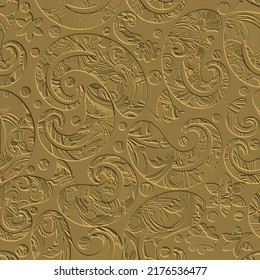 Emboss 3d paisley seamless pattern. Textured floral gold background. Hand drawn vintage paisley flowers, leaves, butterflies, circles. Relief line art embossed ornament. Surface grunge endless texture