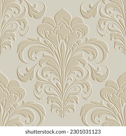 Emboss 3d Vintage art nouveau floral seamless pattern. Vector Baroque Damask antique old style light embossed background with textured surface relief flowers, leaves. Endless embossing ornate texture.