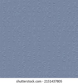 Emboss alphabet 3d seamless pattern. Modern blue abc background. Repeat surface typeset backdrop. Embossed letters ornament. Relief fonts collection. 3d Abc symbols and signs. Letters endless texture.