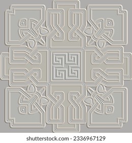 Emboss celtic greek arabesque style 3d seamless pattern. Ornamental embossed light ornate background. Repeat relief textured backdrop. Elegant surface ornaments with embossing effect. Endless texture.