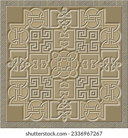 Patrón 3d sin fisuras de estilo arabesco del césped celta con bordes cuadrados. Fondo ornamental estampado. Repetir el fondo texturado de alivio. Ornamentos interminables de superficie con efecto de emparejamiento. 