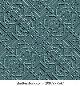 Verleihen Sie den keltischen Stil 3D nahtlos Muster. Eingeschlossener blauer Hintergrund. Moderne Oberfläche knöpft Ziern. Abstrakte Wiederholung strukturierter Hintergrund. Einfache 3D-Textur. Bestellen Sie komplexe Designs.