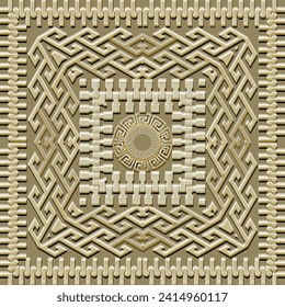 Emboss celtic style 3d seamless pattern with square zipper frames, borders, greek mandalas. Ornamental embossed background. Repeat relief textured backdrop. Surface ornaments with embossing effect. 