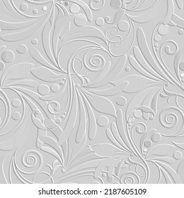 Emboss floral 3d seamless pattern. Embossed white background. Vintage textured flowers, leaves. Repeat surface vector backdrop. Floral relief 3d ornament. Endless ornate texture with embossing effect.