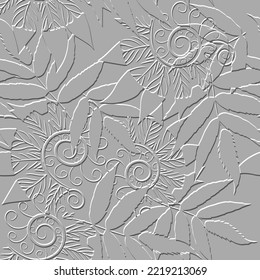 Verleihen Sie florales 3D-nahtloses Muster. Eingebetener weißer Hintergrund. Vintage strukturierte Blumen, Blätter, wirbeln. Wiederholen Sie die Vektorhintergrund auf der Oberfläche. Blumenrelief 3D-Ornament. Endlose Textur mit Prägeeffekt