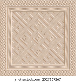 Emboss geometric 3d seamless pattern with square frame. Embossed relief modern cream background.  Tribal ethnic style surface ornament. Abstract repeat textured backdrop. Embossing endless texture.