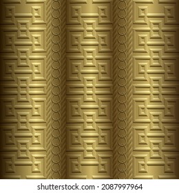 Emboss gold borders 3d seamless pattern. Embossed greek border background. Greek key meanders ornament. Abstract repeat textured backdrop. Mazes, chains, ropes, borders. Embossing golden texture.