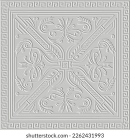 Patrón irreprochable de 3d floral gris con marco cuadrado. Antecedentes relieve. Los meandros de la llave griega adornan las flores superficiales. Resumen repetir fondo texturizado. Embosante de interminable textura ornamental.