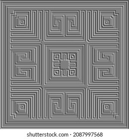 Emboss greek 3d seamless pattern. Embossed grey relief background. Greek key meanders surface geometric ornament. Abstract repeat textured backdrop. Embossing endless texture. Square Panel. Tile.