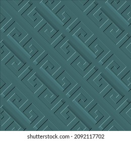 Emboss greek 3d seamless pattern. Embossed relief blue background. Greek key meanders surface geometric ornament. Abstract repeat textured backdrop. Embossing endless texture. Modern ornate design.