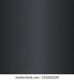 Emboss greek 3d seamless pattern. Embossed relief dark black background. Greek key meanders surface geometric ornament. Grid repeat textured backdrop. Embossing endless texture. Modern ornate design.