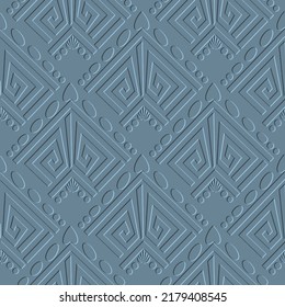 Patrón irreprochable de 3d gris. Fondo azul relieve. Los meandros de las teclas griegas superponen el ornamento geométrico. Resumen repetir fondo texturizado. Embosando textura interminable. Diseño moderno y ornamentado.